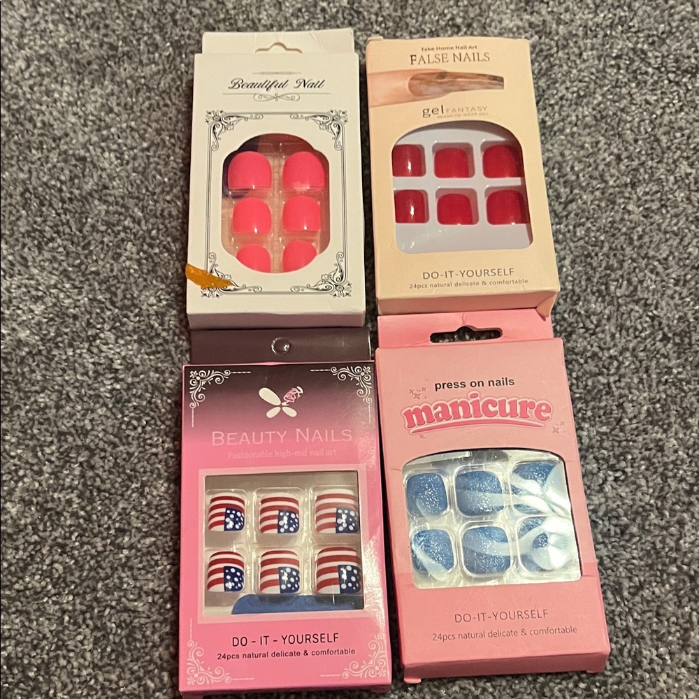 Set of DIY False Nail Kits in Red, Blue, and Pink